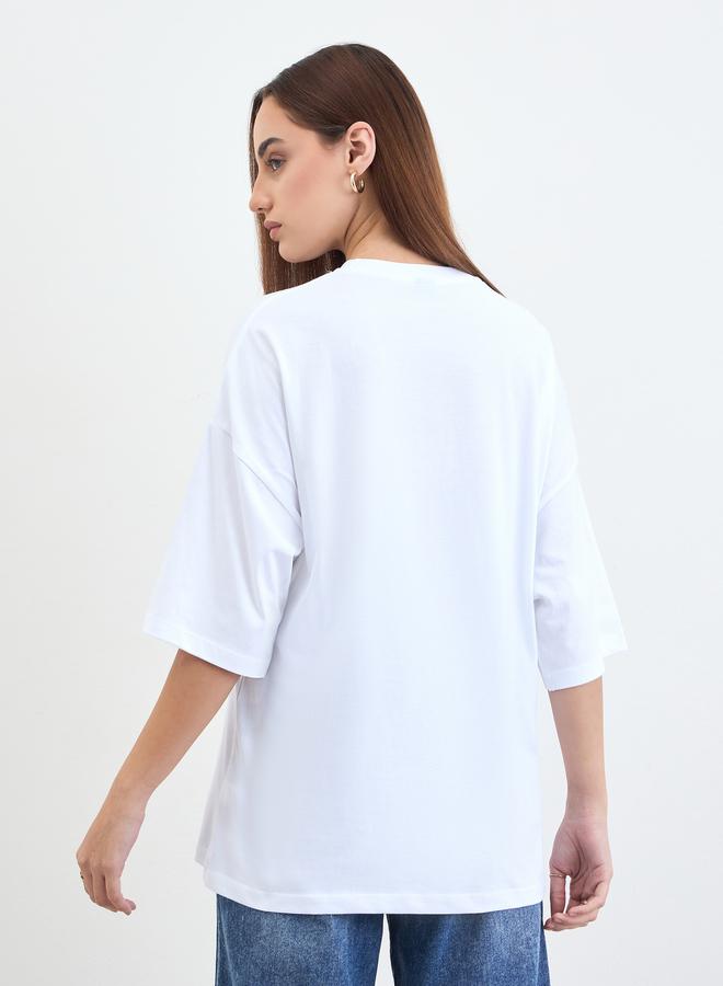 Styli White Slogan Oversized T-Shirt with 3/4 Sleeves - Image 5