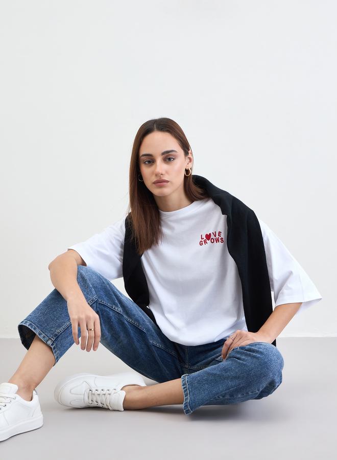 Styli White Slogan Oversized T-Shirt with 3/4 Sleeves - Image 4
