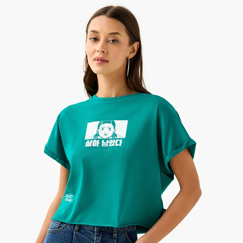 SP Characters Squid Game Print Crop T-shirt