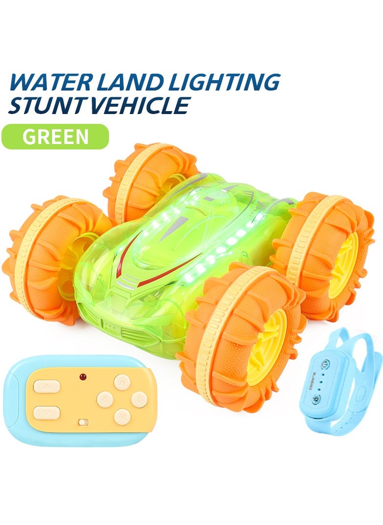 Generic Water and Land Colorful Light Stunt Vehicle Electric Toy Car, Dual Mode (Remote Control + Watch Control), 360-Degree Rotation Omni-directional Movement, Green, 17X16.5X8CM  - Image 2