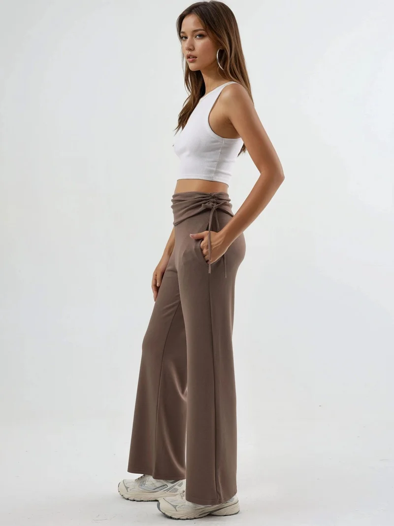 HICCUP Modal Touch High Waist Wide Leg Pants with Gathering Detail Bersan Collection