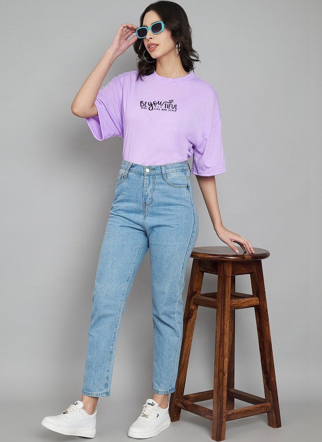TREND LEVEL Purple Typography Printed Oversized T-shirt for Women - Image 4