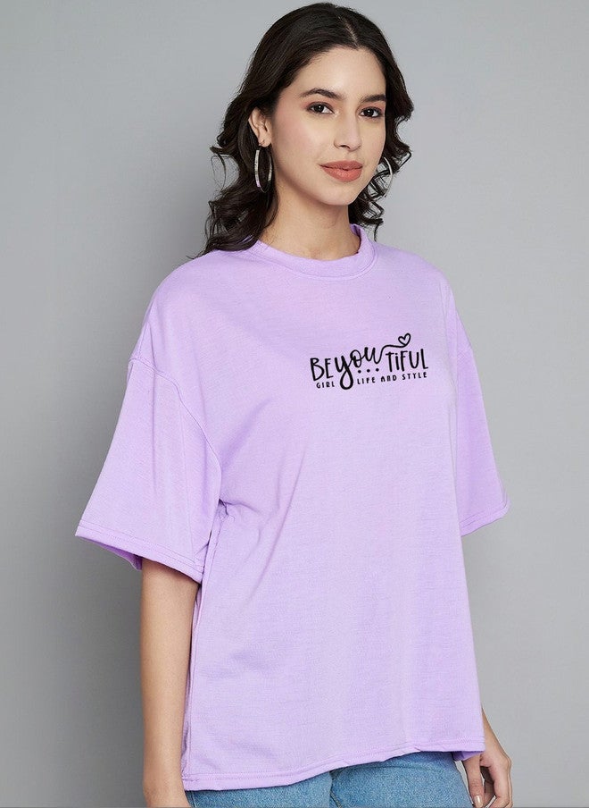 TREND LEVEL Purple Typography Printed Oversized T-shirt for Women - Image 3