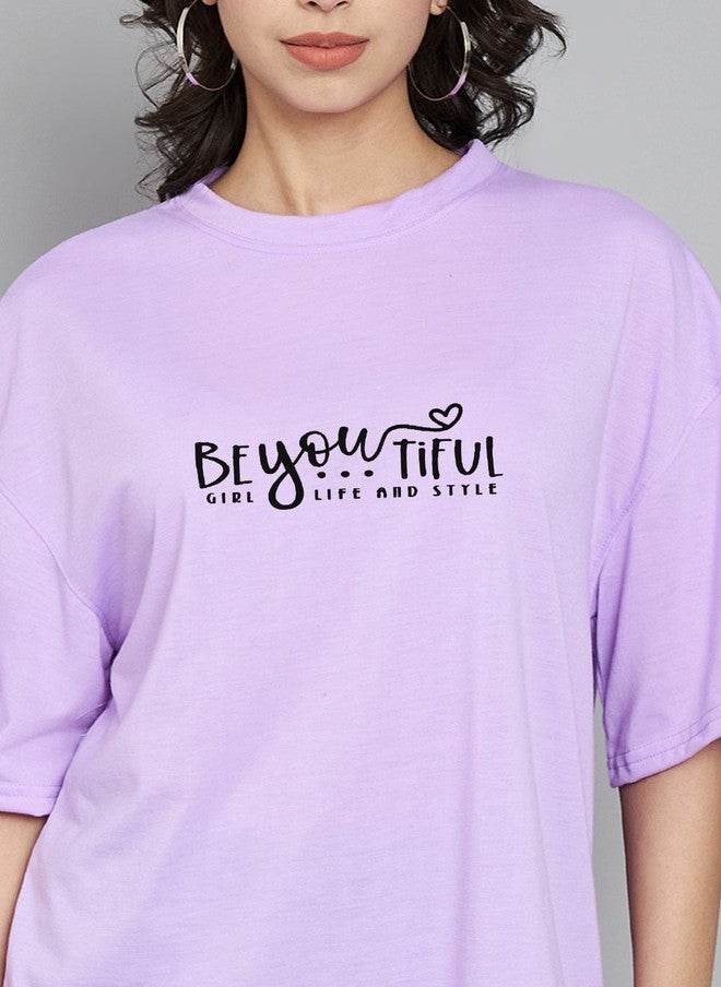 TREND LEVEL Purple Typography Printed Oversized T-shirt for Women - Image 2