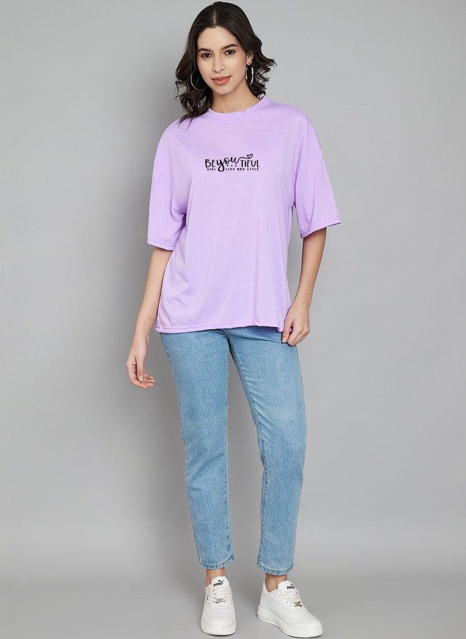 TREND LEVEL Purple Typography Printed Oversized T-shirt for Women - Image 5