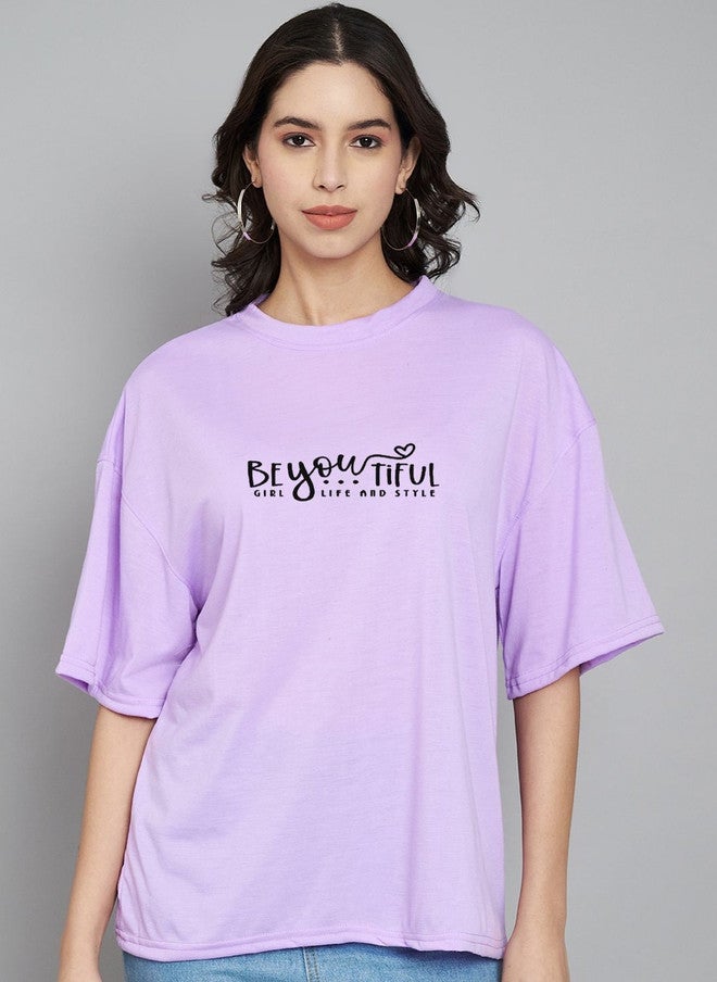 TREND LEVEL Purple Typography Printed Oversized T-shirt for Women - Image 1