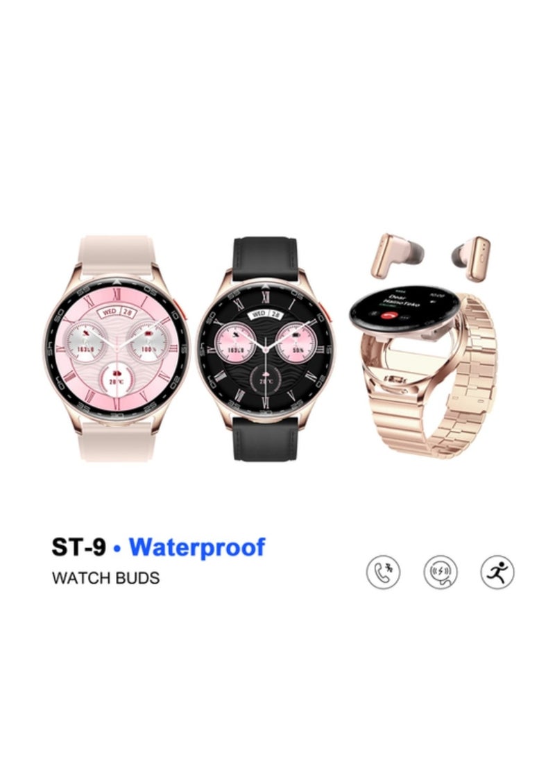 هينو تيكو جديد ساعة ذكية وسماعات أذن مدمجة من نوع Haino Teko ST-9 Watch Buds.   Haino Teko ST-9 Watch Buds. : تجمع بين ساعة ذكية وسماعات أذن لاسلكية داخل الساعة. شاشة AMOLED. مقاومة للماء (Waterproof). تدعم مكالمات البلوتوث (BT Call). تأتي مع 3 احزمة - Image 1