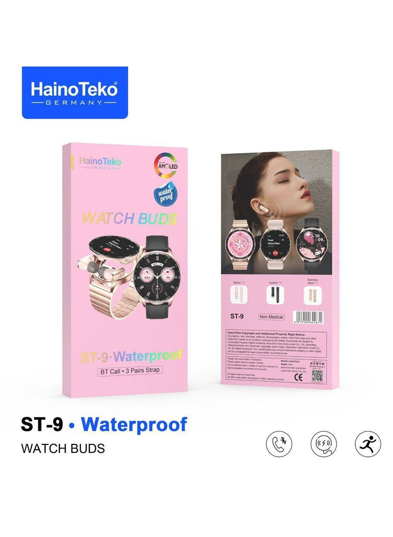 هينو تيكو جديد ساعة ذكية وسماعات أذن مدمجة من نوع Haino Teko ST-9 Watch Buds.   Haino Teko ST-9 Watch Buds. : تجمع بين ساعة ذكية وسماعات أذن لاسلكية داخل الساعة. شاشة AMOLED. مقاومة للماء (Waterproof). تدعم مكالمات البلوتوث (BT Call). تأتي مع 3 احزمة - Image 3