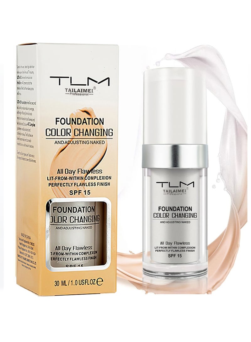 TLM Color Changing Foundation Liquid, Full Coverage Flawless Moisturizing Base Foundation, Long Lasting Oil-Control Concealer with Sunscreen, 30ml - Image 1
