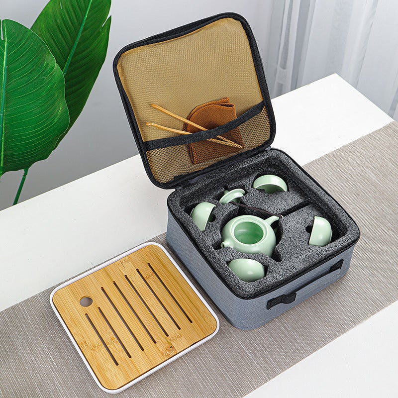 Ding Kiln Matte Travel Tea Set Portable Tea Tray Tea Towel Tea Clip Ceramic One Pot Four Cups Outdoor Business Suit Small - Image 3