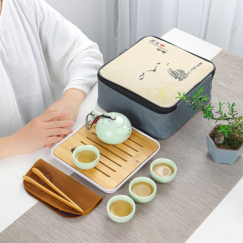 Ding Kiln Matte Travel Tea Set Portable Tea Tray Tea Towel Tea Clip Ceramic One Pot Four Cups Outdoor Business Suit Small - Image 4