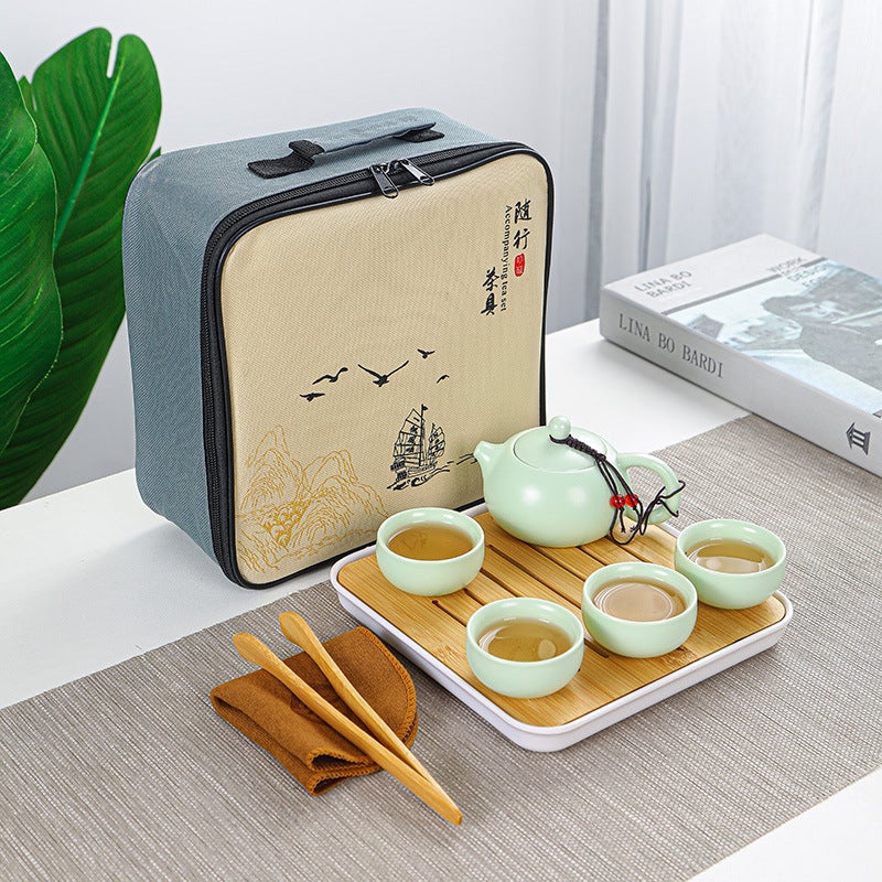 Ding Kiln Matte Travel Tea Set Portable Tea Tray Tea Towel Tea Clip Ceramic One Pot Four Cups Outdoor Business Suit Small - Image 1