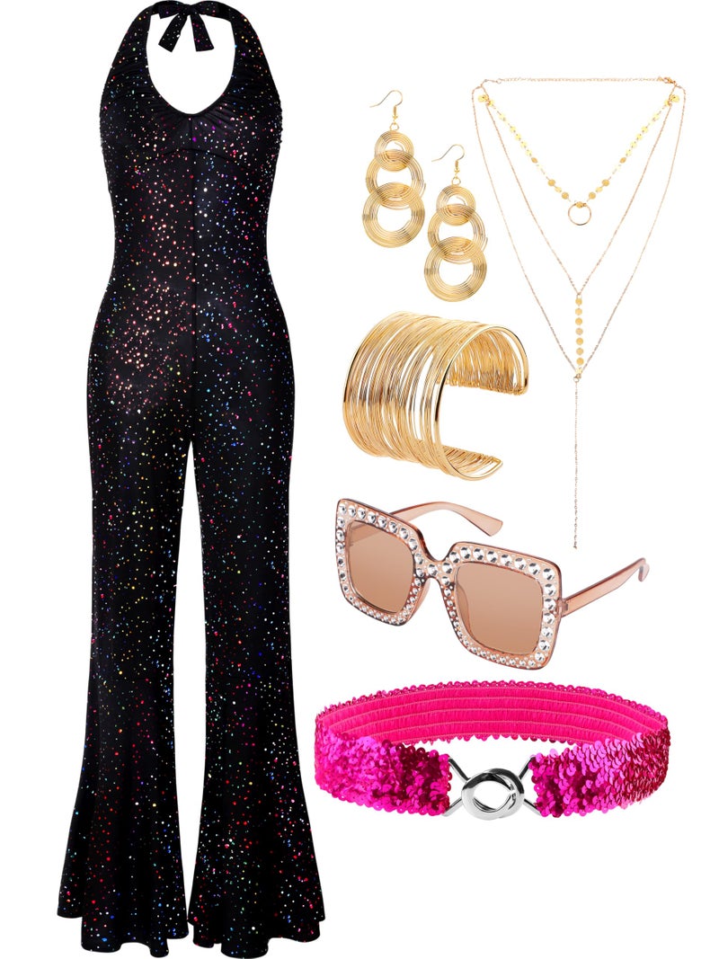 SOMSOC 70s Disco Jumpsuit Costumes Women Fashion Disco Accessories for Halloween Necklace Earrings Bracelet Glasses Belt - Image 1