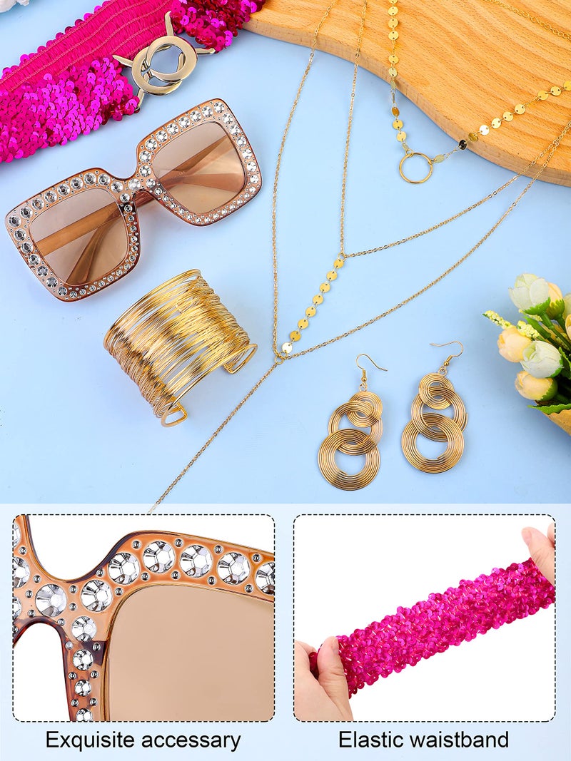 SOMSOC 70s Disco Jumpsuit Costumes Women Fashion Disco Accessories for Halloween Necklace Earrings Bracelet Glasses Belt - Image 4