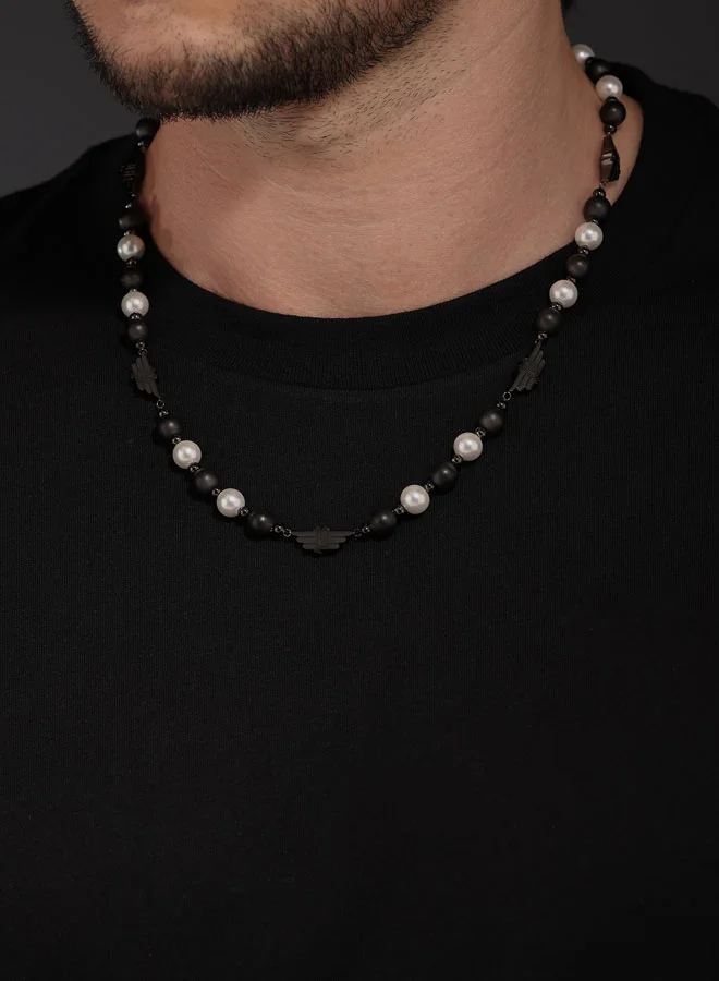 بوليس Expression Necklace  GreyPlated with White and GreyPlated Pearls, P Wing Logo, Bold and Luxurious Style