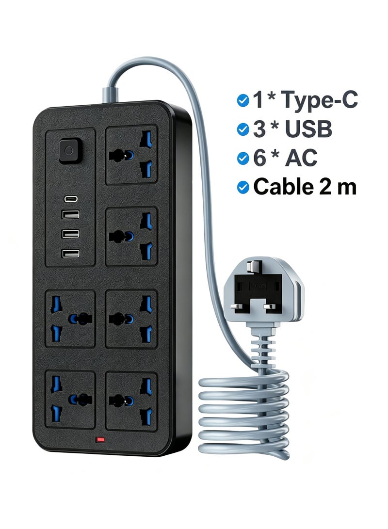 2 meters Universal Extension Lead with Multiple Function UK Plug 3 Pin Socket Outlet with 6 Gang 3 USB Port 1 Type-C Port 2M Electric Socket Mains Strip for Home Kitchen and Office (Black) - Image 1