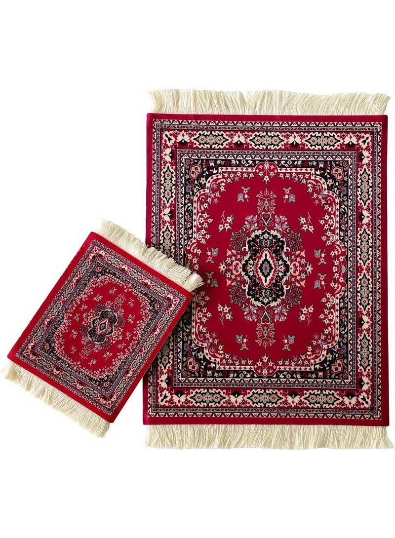 سجاد الماوس وسادة وكأس حصيرة مجموعة، غير الانزلاق والماء التصميم، النمط البوهيمي، مناسبة للاستخدام المنزلي والمكتب (الأرجواني الأحمر) - Image 1