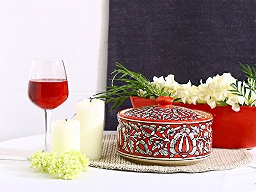 Caffeine Ceramic Handmade red mughal Serving Donga with lid (Set of 1) - Image 1