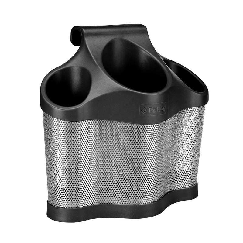 Polder منظمة محطة بولدر ستايل لأدوات تصفيف الشعر مجففات الشعر مكواة تجعيد الشعر مكواة فرد الشعر فرشاة تعليق على رف المناشف تخزين تحت الحوض أو في الدرج أسود وفضي