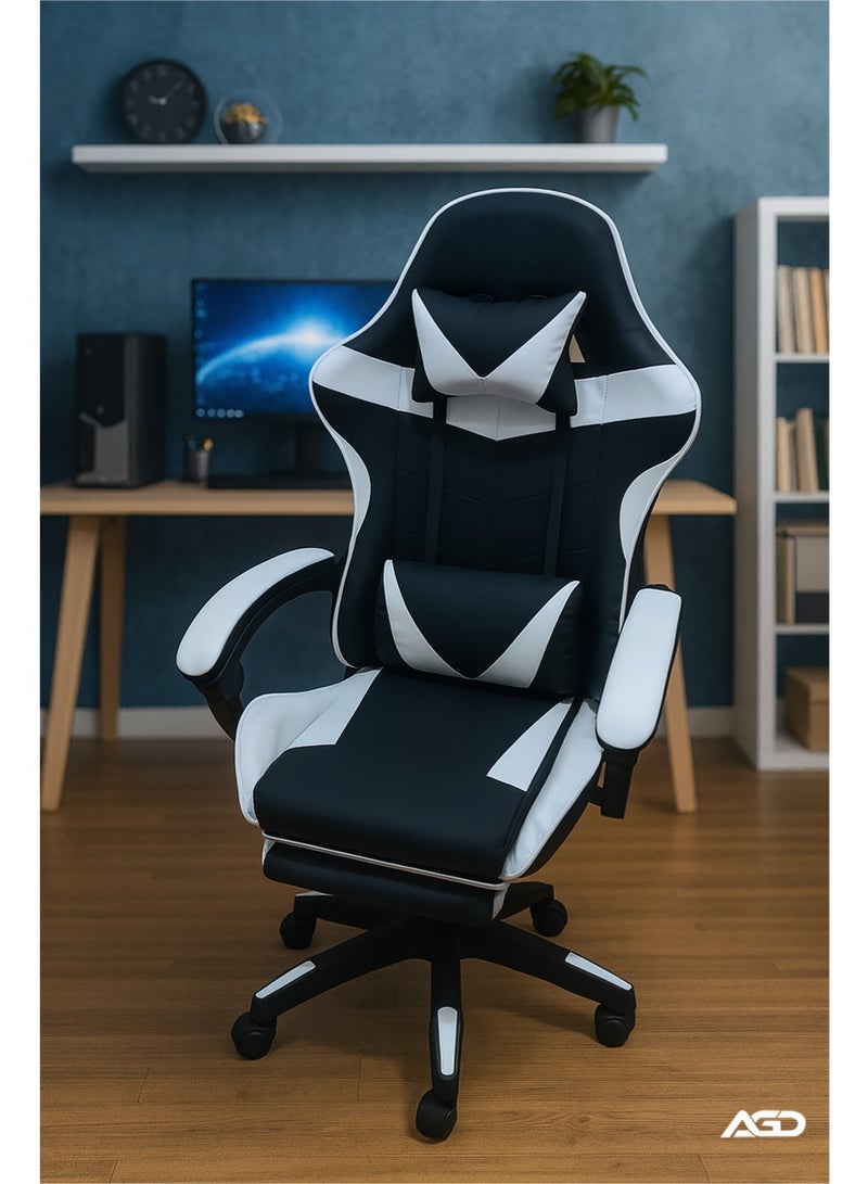 AGD Gaming chair with footrest, office chair with high backrest, reclining and lumbar support, adjustable headrest, Black/White - Image 1