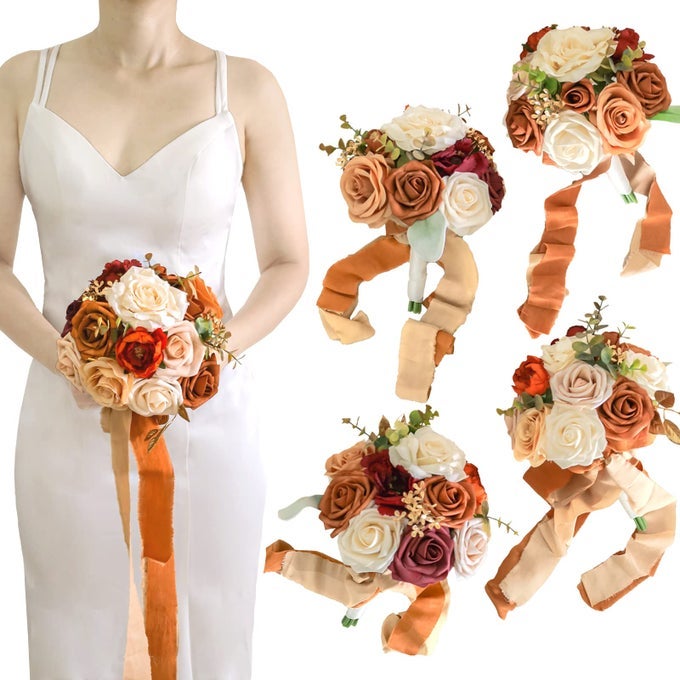 SET OF 4 BRIDESMAID BOUQUET FOR WEDDING 7 INCH ARTIFICIAL FLOWERS BOUQUET WEDDING BOUQUET BRIDAL BOUQUET TOSSING BOUQUET FOR WEDDING CEREMONY ANNIVERSARY BRIDAL SHOWER CHIC TERRACOTTA