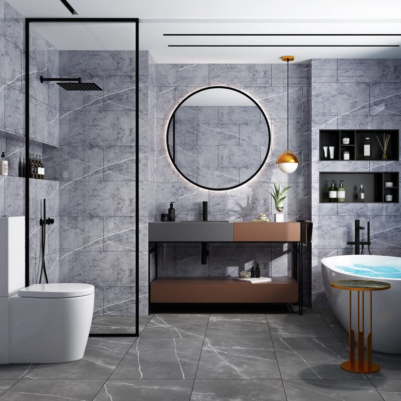 Haimin Wall Panels Peel and Stick 10 Pieces 23.6x11.8in (19.4 Sq. Ft. Coverage) Lightweight Backsplash Marble Look Tile (not Real Marble) Ideal for Kitchen Bathrooms Living Rooms Bedrooms (Gray-YSH) - Image 2
