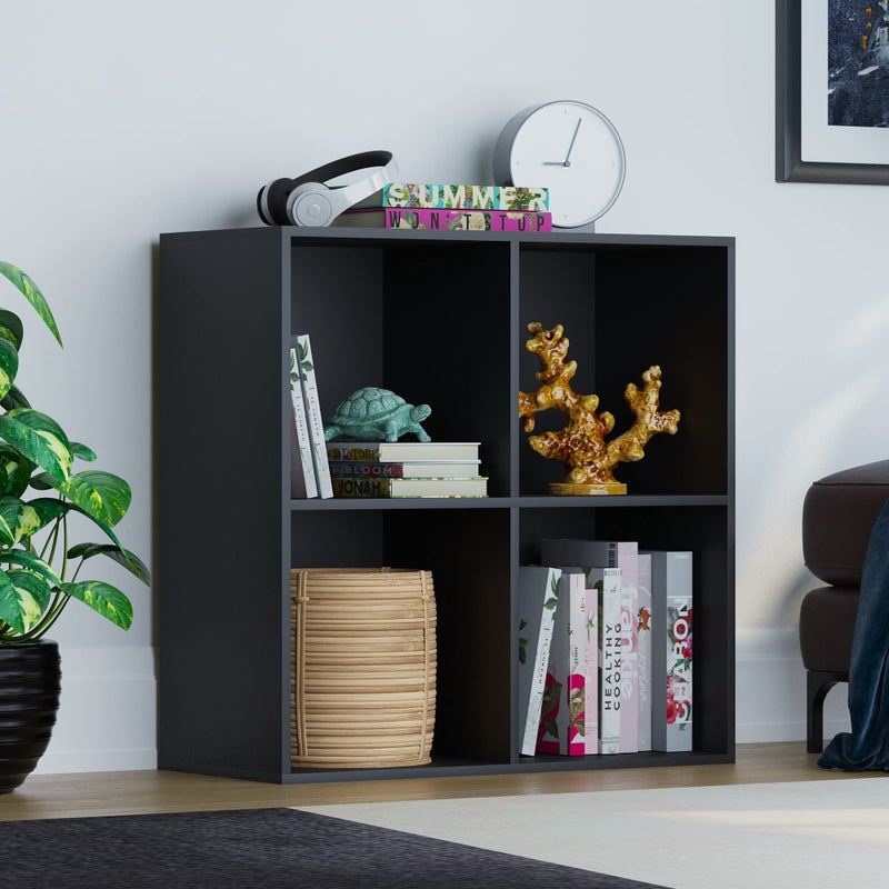 Durham 4 Cube Bookcase, Black Storage Organizer for Living Room or Home Office, Modern Bookshelf Furniture, Versatile Display and Organization Unit, Sturdy Wood - Image 1