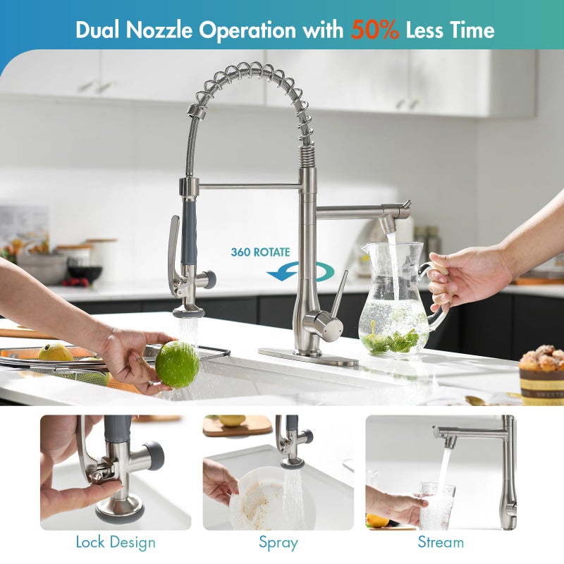 GIMILI Kitchen Faucet with Pull Down Sprayer Single Handle High Pressure Brushed Nickel Kitchen Sink Faucet Commercial Double-Headed Stainless Steel Kitchen Faucets Sink with Deck Plate - Image 3