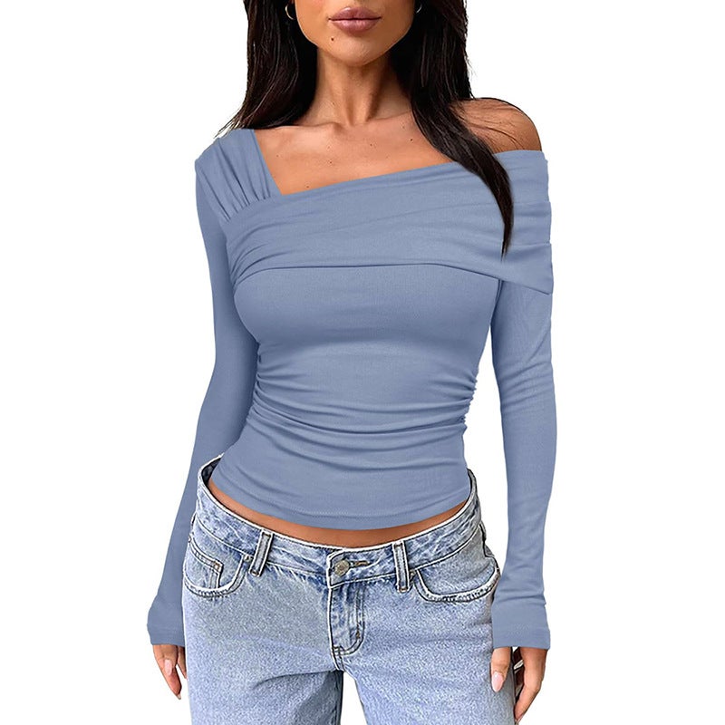 Autumn Solid Color Off-Shoulder Pleated Top Tee Women Blue - Image 1