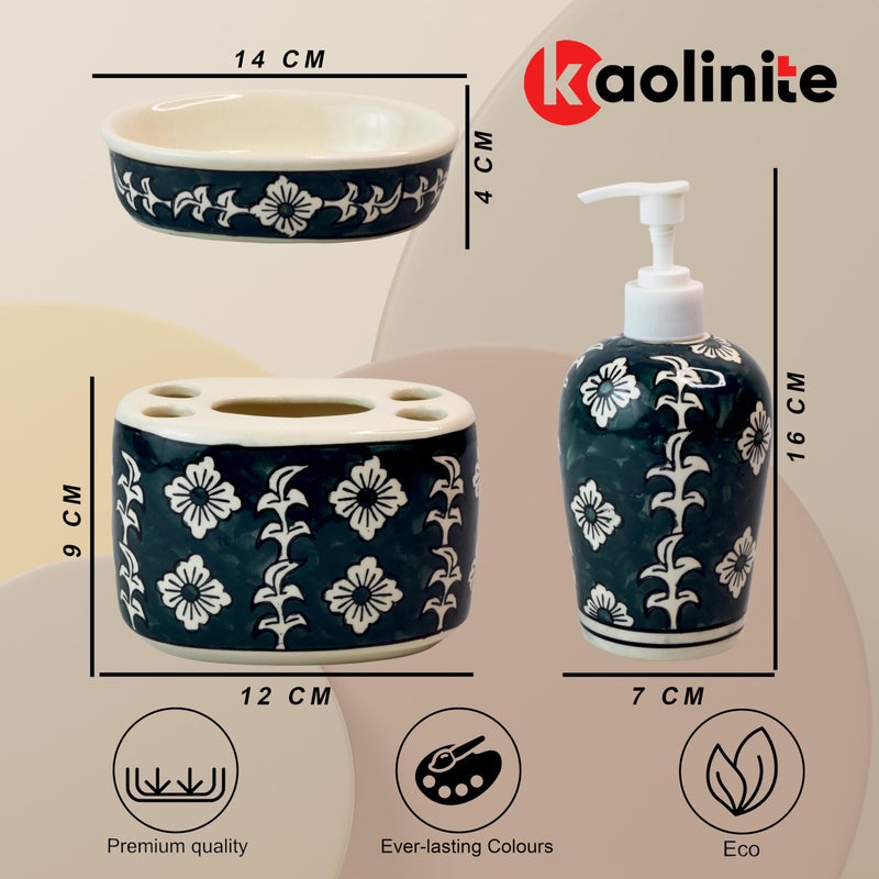 KAOLINITE مجموعة ملحقات الحمام الخزفية من الكاولين للديكور والوظائف | موزع سائل الصابون، صينية الصابون، حامل فرشاة الأسنان (مجموعة حمام فاخرة) (زرقاء) - Image 3