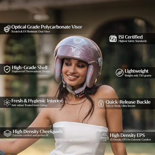 TVARRA Lotus Women’s Open Face Helmet with Printed Design, ISI Certified, Lightweight Material, Crafted for Women, Extreme Comfort fit with Clear Visor(Rose Gold,S) - Image 3
