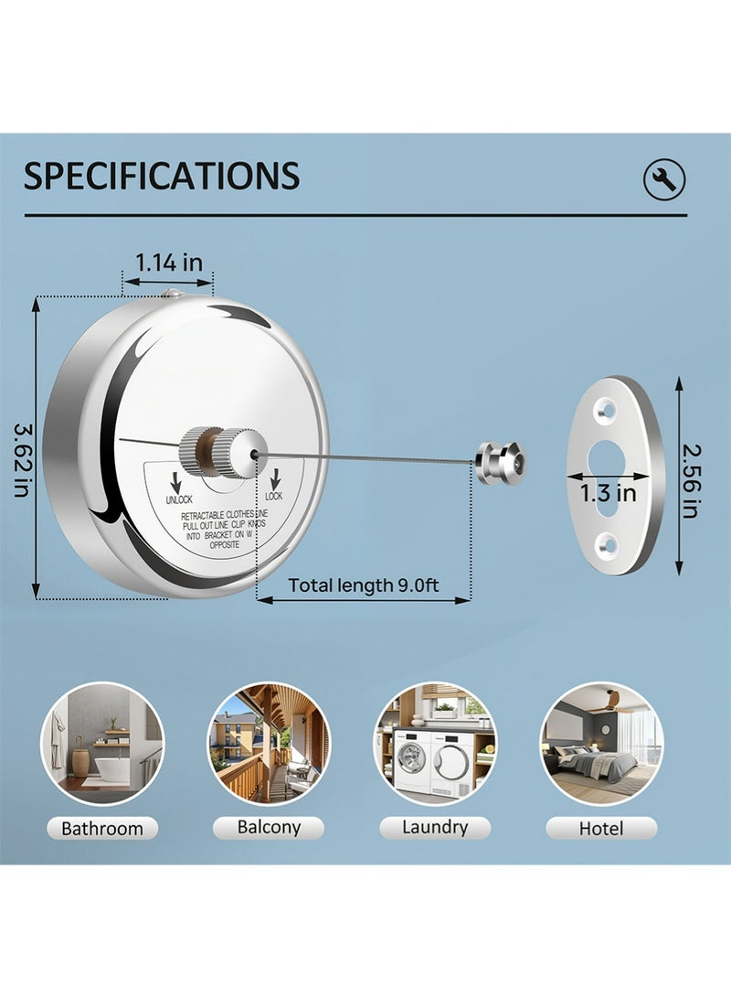 Retractable Clothesline 9.0 Feets, 304 Stainless Steel Clothes Line Dryer with Heavy Duty Adjustable Stainless Steel Rope String for Hanging Drying Bathroom, Laundry, Hotel, Indoor & Outdoor - Image 4