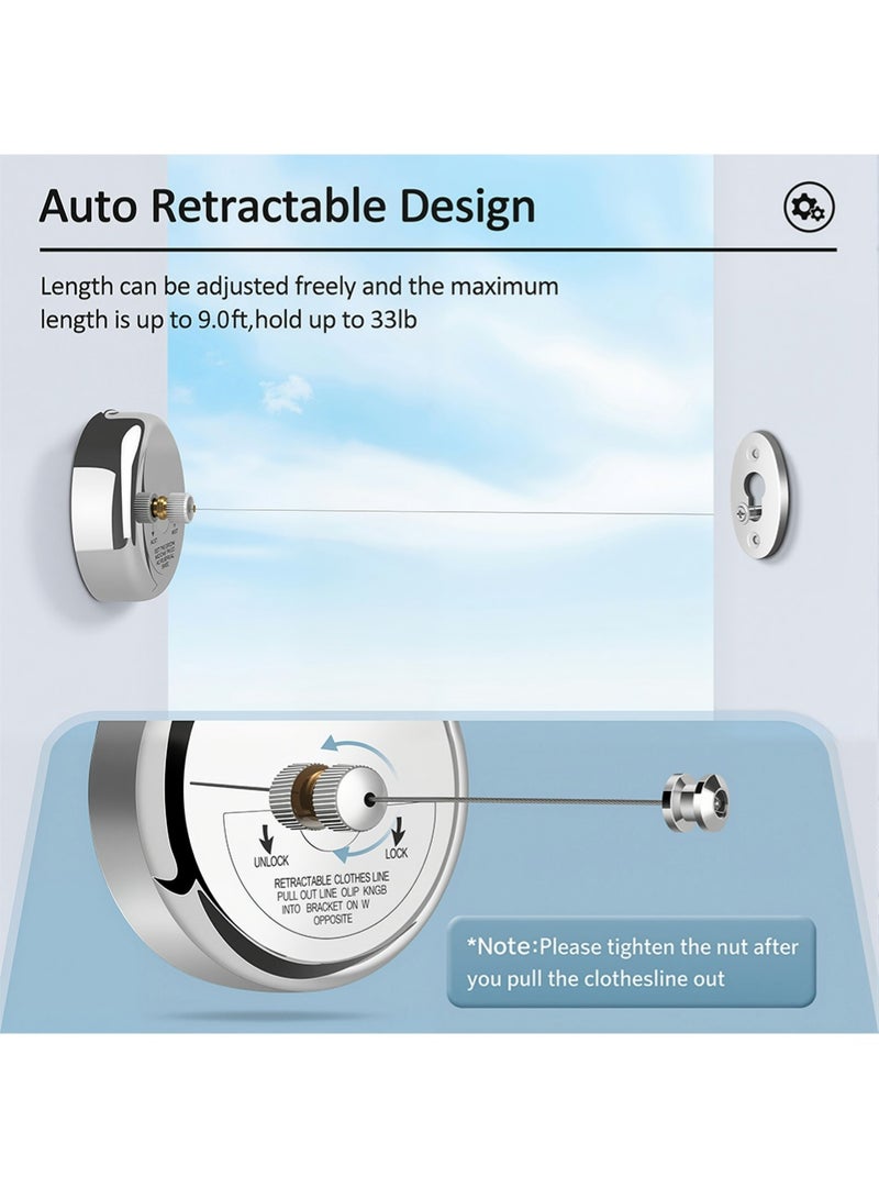 Retractable Clothesline 9.0 Feets, 304 Stainless Steel Clothes Line Dryer with Heavy Duty Adjustable Stainless Steel Rope String for Hanging Drying Bathroom, Laundry, Hotel, Indoor & Outdoor - Image 3