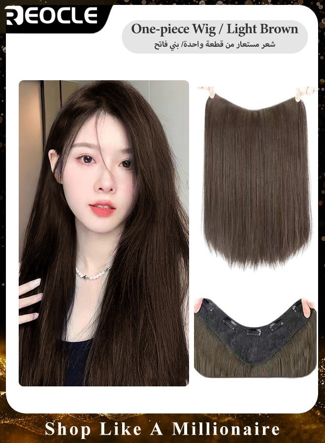 ريوكل وصلات شعر طويل مستقيم صناعي مع 5 قطع مشابك غير مرئية قطعة شعر بشري برازيلي 50 سم بني فاتح للنساء - Image 1