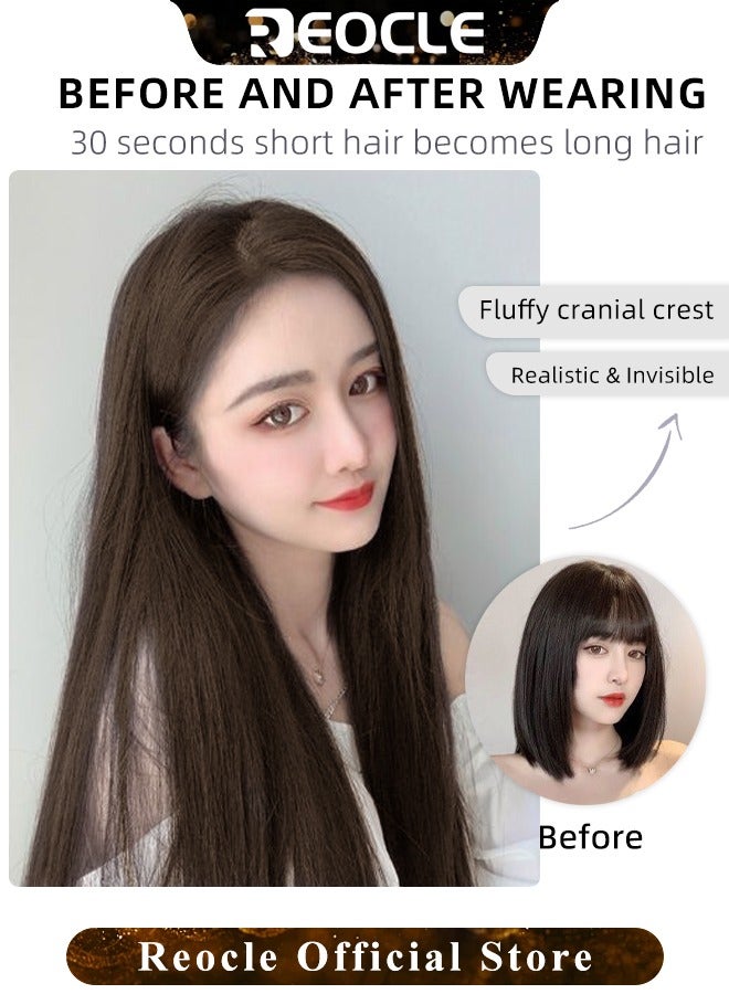 ريوكل وصلات شعر طويل مستقيم صناعي مع 5 قطع مشابك غير مرئية قطعة شعر بشري برازيلي 50 سم بني فاتح للنساء - Image 2