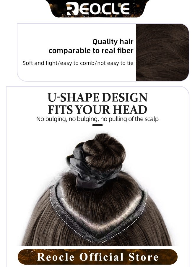 ريوكل وصلات شعر طويل مستقيم صناعي مع 5 قطع مشابك غير مرئية قطعة شعر بشري برازيلي 50 سم بني فاتح للنساء - Image 3