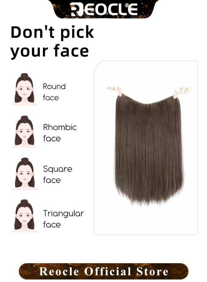 ريوكل وصلات شعر طويل مستقيم صناعي مع 5 قطع مشابك غير مرئية قطعة شعر بشري برازيلي 50 سم بني فاتح للنساء - Image 4