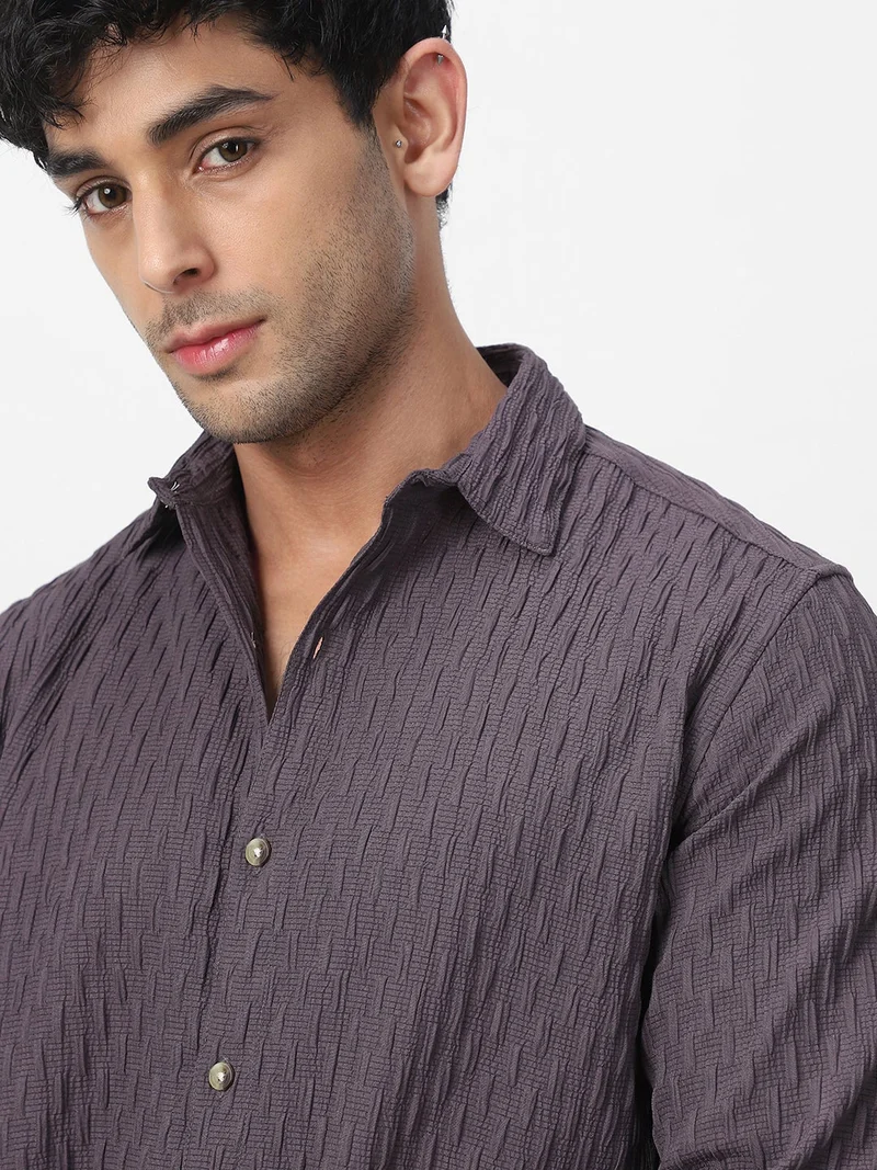 Urbano Fashion  Urbano Fashion Men's Dark Lavender Cotton Full Sleeve Regular Fit Textured Shirt with Spread Collar  | Best Price UAE