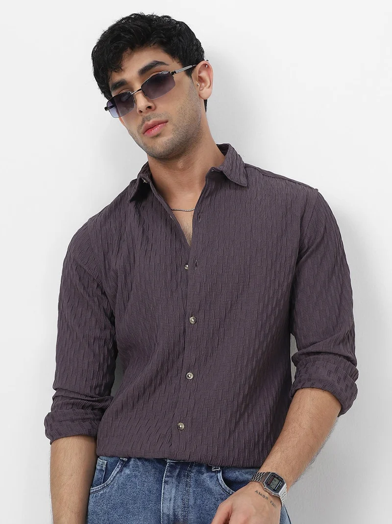 Urbano Fashion Men's Dark Lavender Cotton Full Sleeve Regular Fit Textured Shirt with Spread Collar