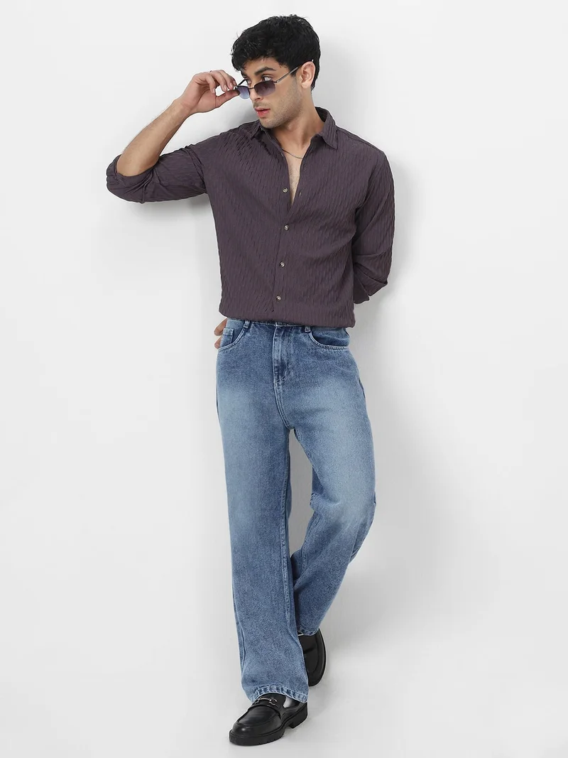 Urbano Fashion  Urbano Fashion Men's Dark Lavender Cotton Full Sleeve Regular Fit Textured Shirt with Spread Collar  | Best Price UAE