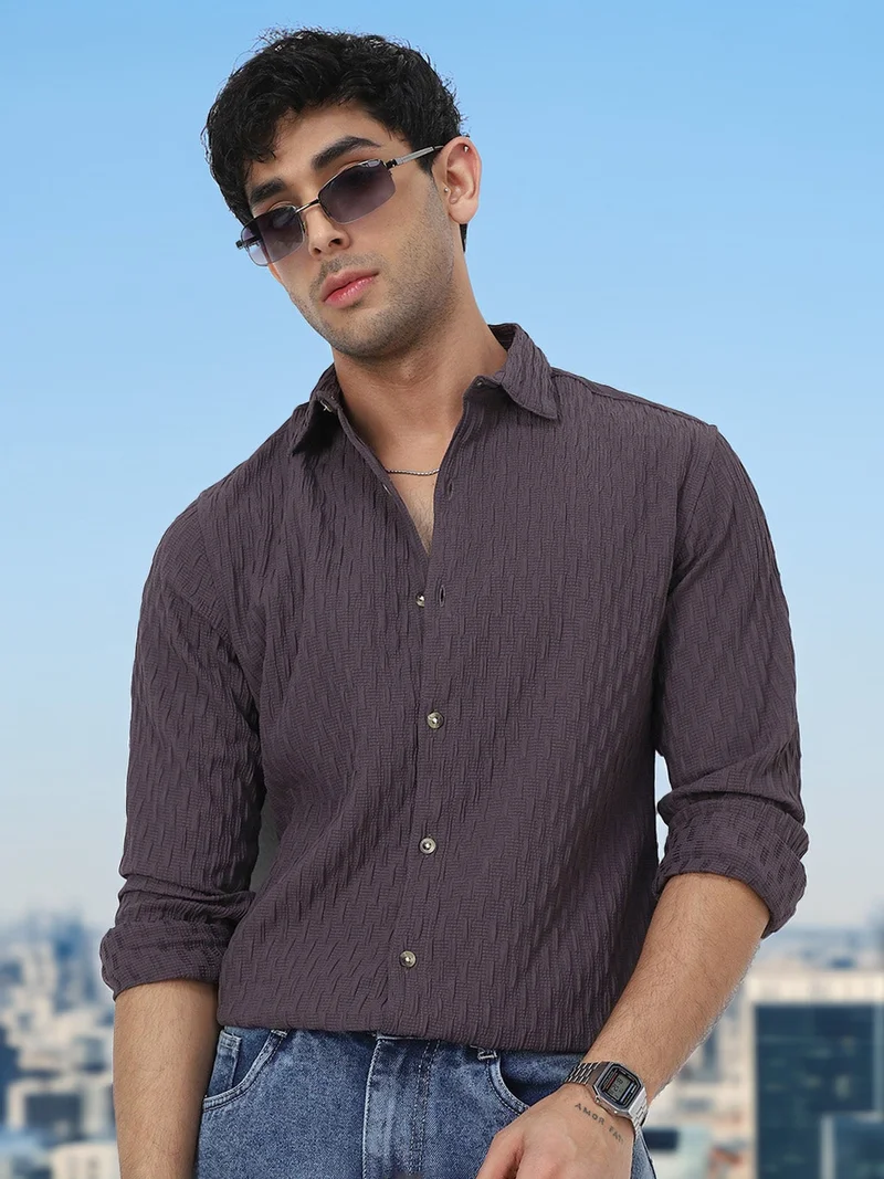 Urbano Fashion  Urbano Fashion Men's Dark Lavender Cotton Full Sleeve Regular Fit Textured Shirt with Spread Collar  | Best Price UAE