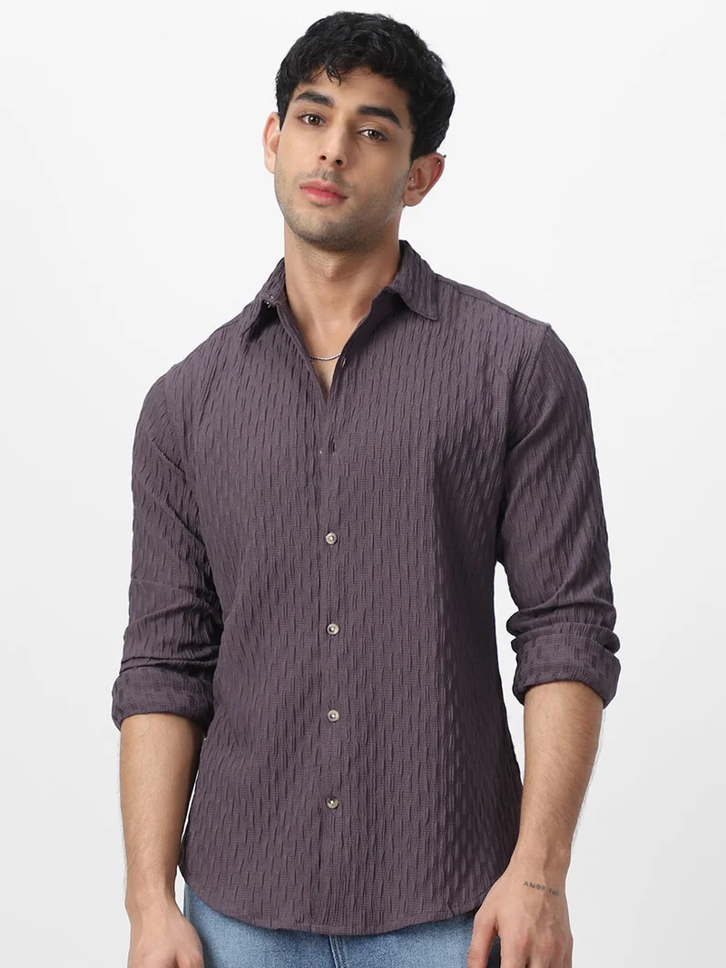 Urbano Fashion  Urbano Fashion Men's Dark Lavender Cotton Full Sleeve Regular Fit Textured Shirt with Spread Collar  | Best Price UAE