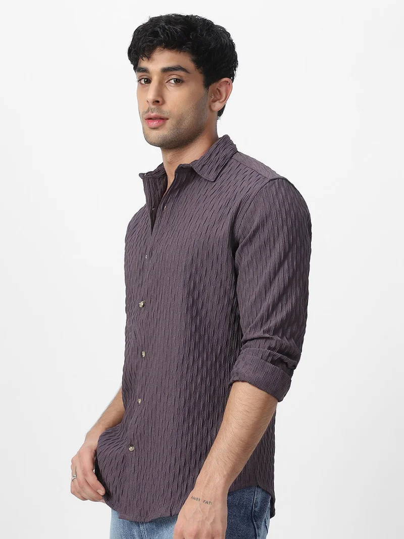 Urbano Fashion  Urbano Fashion Men's Dark Lavender Cotton Full Sleeve Regular Fit Textured Shirt with Spread Collar  | Best Price UAE