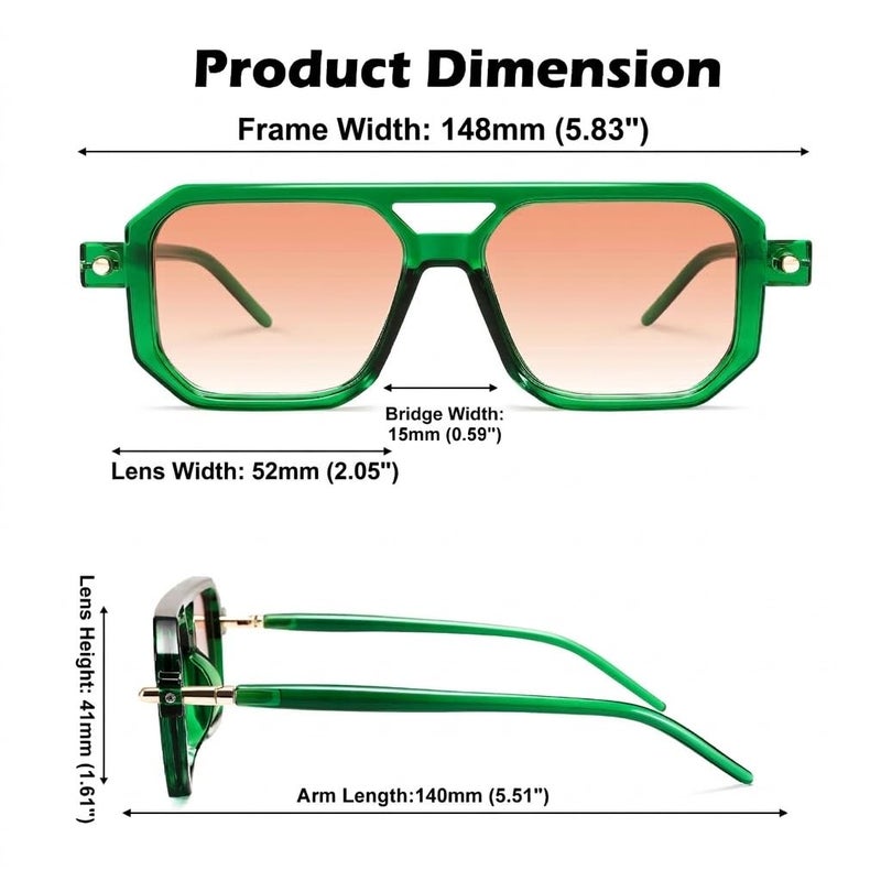 GLARDEFE Retro Aviator Sunglasses for Women Men - Trendy Square Sun Glasses(Green/Gradient Orange) - Image 4