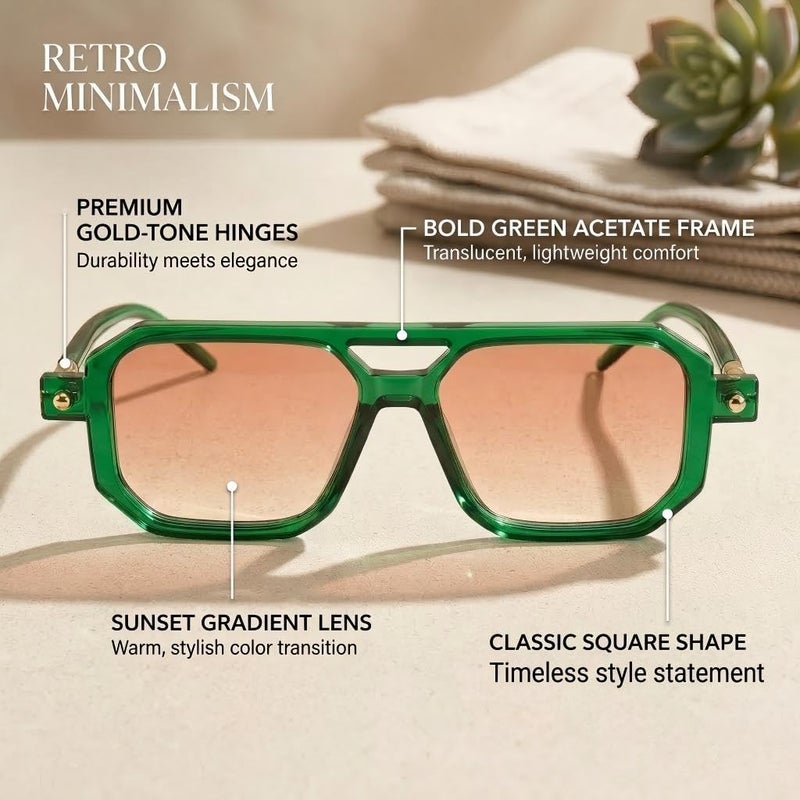 GLARDEFE Retro Aviator Sunglasses for Women Men - Trendy Square Sun Glasses(Green/Gradient Orange) - Image 3
