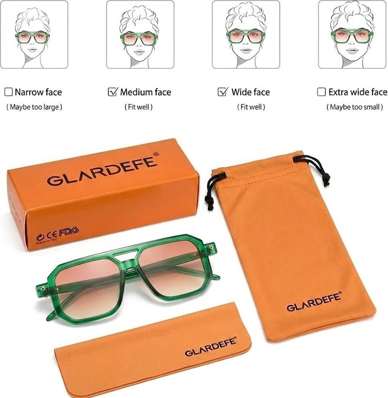 GLARDEFE Retro Aviator Sunglasses for Women Men - Trendy Square Sun Glasses(Green/Gradient Orange) - Image 5