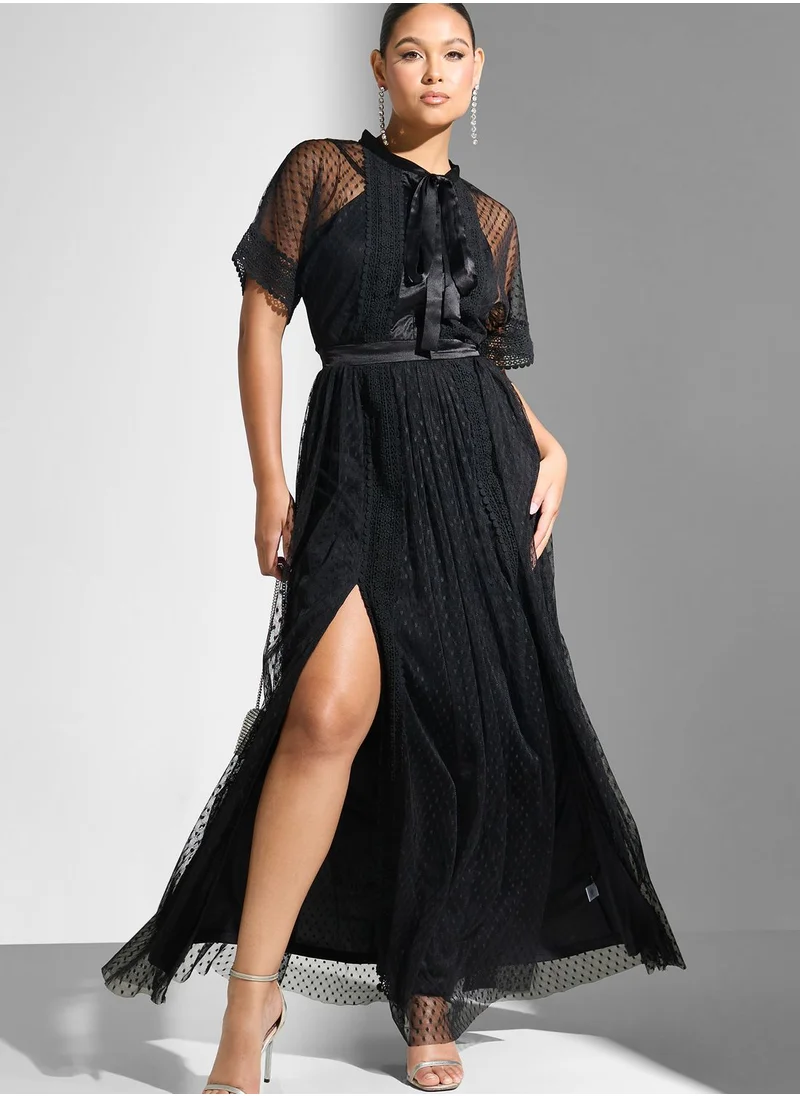 Lace and Beads Side Slit Lace Detail Dress