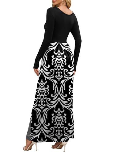 DEARCASE Maxi Dress for Women Black White Small Round Neck Boho Long Sleeves Teacher A-line Casual Hawaiian Empire Waist Flowy Party Vintage Spring Fall Winter Floor Dresses with Pocket - Image 2