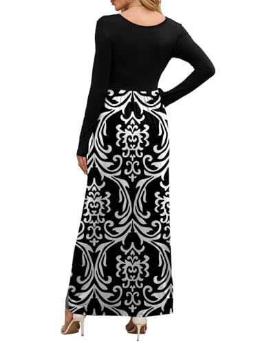 DEARCASE Maxi Dress for Women Black White Small Round Neck Boho Long Sleeves Teacher A-line Casual Hawaiian Empire Waist Flowy Party Vintage Spring Fall Winter Floor Dresses with Pocket - Image 3