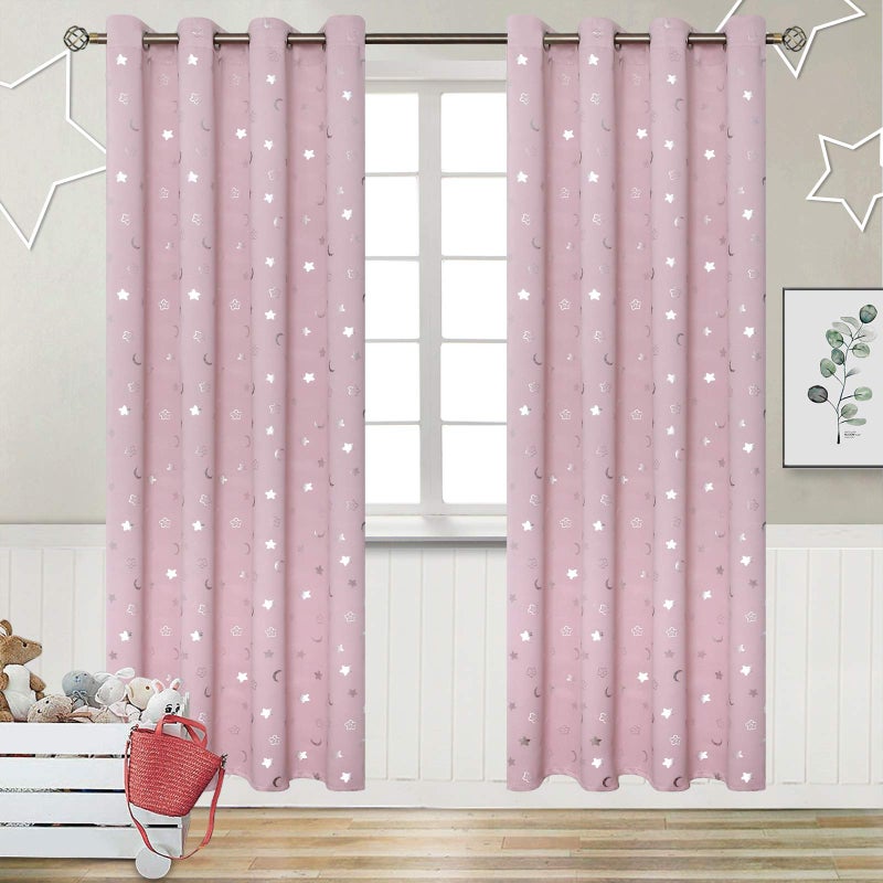 BGment Pink Curtains for Girls Bedroom 84 Inch Long Star and Moon Blackout Curtains for Kids Room Room Darkening Thermal Insulated Window Grommet Curtains for Nursery 52 Wide 2 Panels Light Pink